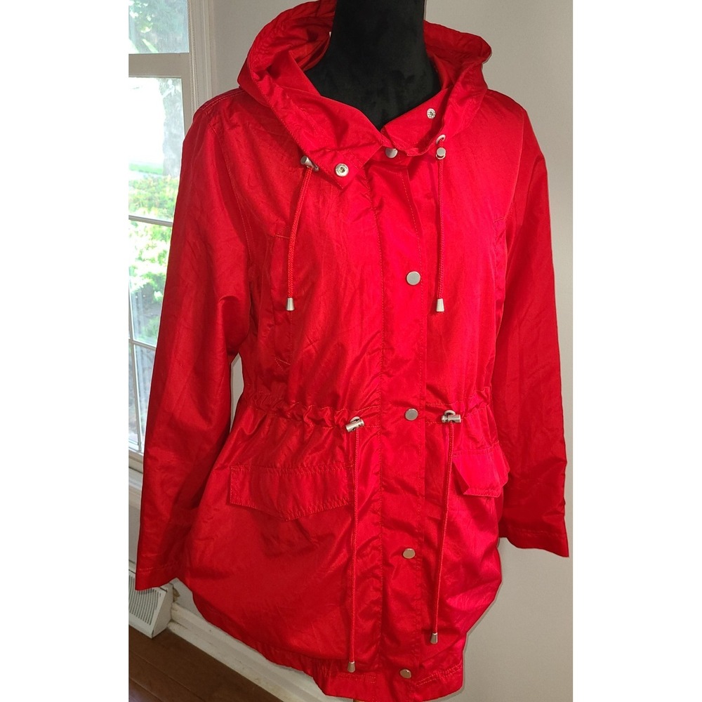 Merona Womens Rain Jacket Water Resistant Red+ Hood Sz L Ladies Zip Hooded